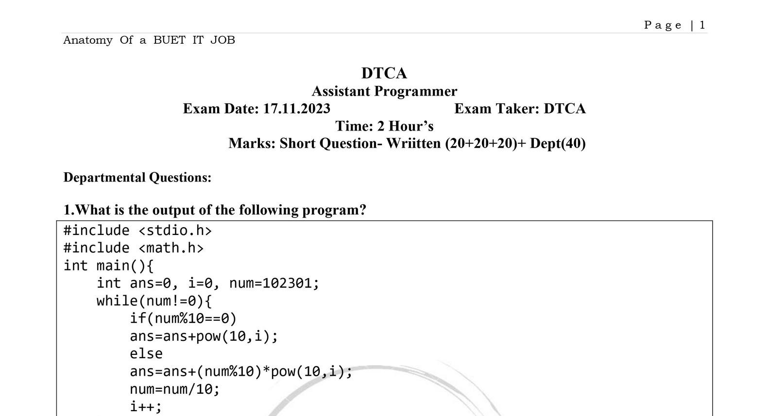 Assistant Programmer, DTCA - Written Question Solution